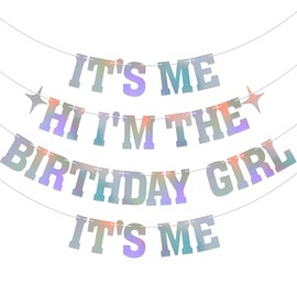 It's Me Hi I'm the Birthday Girl It's Me Banner - Birthday Decorations for Girls, Funny Birthday Party Decorations Holographic Glitter
