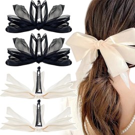 2PACK White Black Bow Banana Hair Clips, Bowknot Banana Clip Ponytail Holders for Girls Bowknot Banana Hairpins Ponytail Holder Hair Barrette Accessories for Women Girls Clips And Barrettes