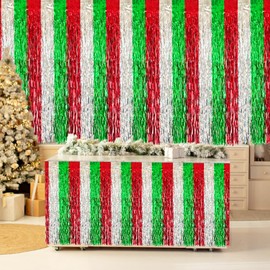 3 Pack Christmas Table Skirt Christmas Party Decorations, Red Silver and Green Wavy Metallic Tinsel Foil Fringe Table Skirt for Rectangle & Round Tables, Xmas Table Decorations for Ugly Sweater Party