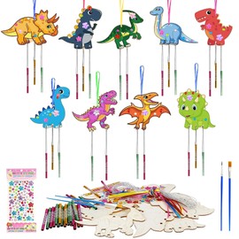 Meanju Dinosaurier Holz Bastelset 10 Stück, Windspiel Bastelset Kinder, Windspiel Basteln Kinder mit Pinsel/Edelsteinaufkleber, Windspiel aus Holz Basteln, DIY Kinder Malen Handwerk