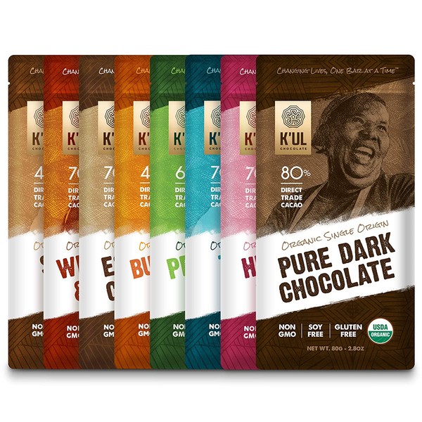 KUL CHOCOLATE Bars | Variety 8 Pack | Milk & Dark Chocolate | Organic, Soy-Free, Vegan, Gluten-Free, Non-Gmo, Direct Trade Dark Chocolate | 2.8oz Each