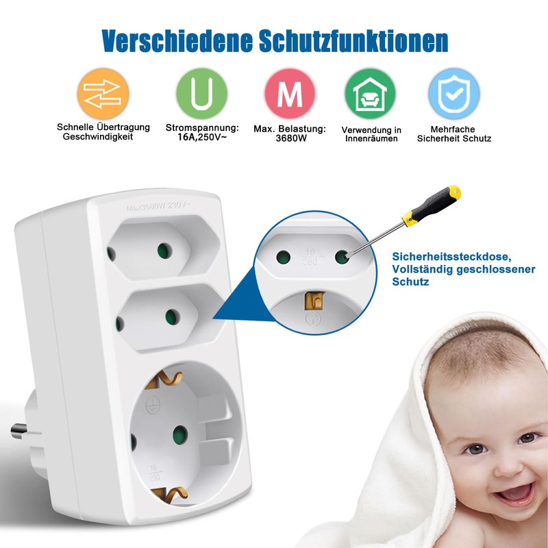 EXTRASTAR Multi-socket 3-way socket adapter, 2 Euro + 1 Schuko