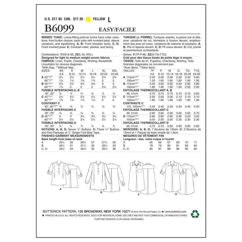 Butterick Patterns B6099 Misses' Tunic, Size ZZ