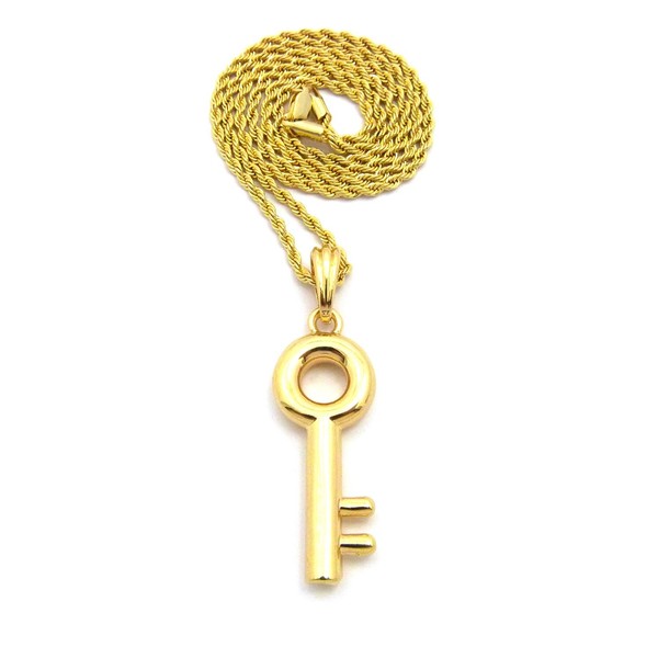 NYFASHION101 Polished Lever Lock Key Pendant w/2mm 24" Rope Chain Necklace, Gold-Tone