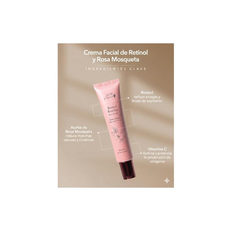 100 Pure Crema Facial Retinol Rosa Mosqueta Péptidos Ceramidas Hidratante
