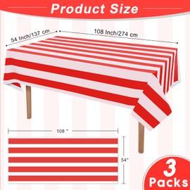 RuiYok 3 Packs Disposable Red and White Striped Tablecloth 54 x 108 Inch Plastic Waterproof Red Striped Table Cloths for Carnival Circus Holiday Party Outdoor Picnic Birthday Festival Decoration