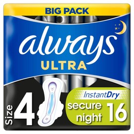Always Ultra Secure Night Sanitary Towels with Wings Size 4 Big Pack (16 Pieces) Ultra Thin and Extra Absorbent, Odour Neutralising with SecureGuard Leak Protection and InstantDry Technology
