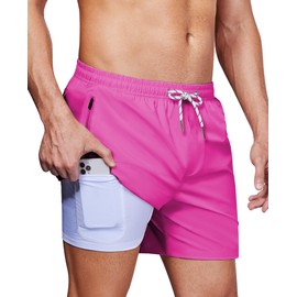 Alimens & Gentle Mens Swim Trunks 5 inch with Compression Linner Swim Shorts with Zipper Pockets Quick Dry Board Shorts Men Hot Pink
