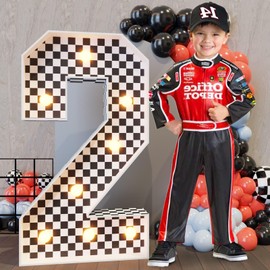 Marquee Numbers Race Car Birthday-Decorations: 3ft Large Fast One Party Decor Boy 2nd 12th Big Light Up Cardboard Number 2