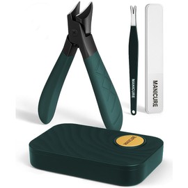 3-Piece Nail Clipper Set for Thick Nails – Heavy Duty Toenail Clippers with Nail File & Cuticle Pusher – Ergonomic Grip, Wide Jaw Design with Catcher (Dark Green)