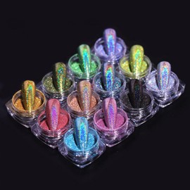 Polvo holográfico para uñas 12 colores camaleón polvo láser, fino arco iris unicornio efecto espejo múltiples pigmentos brillo en polvo, adecuado para el salón de casa, con herramienta de esponja