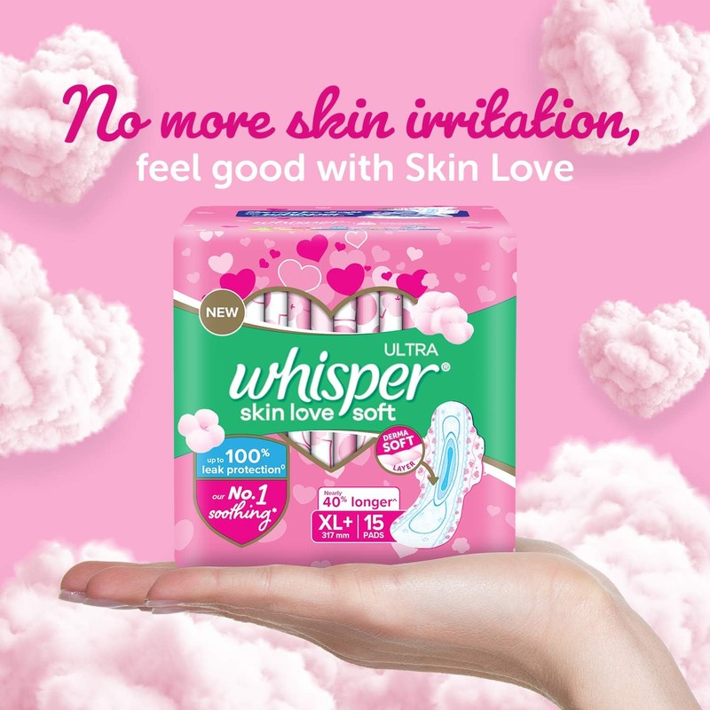 Whisper Ultra Soft Sanitary Pads for Women, XL+ 15 Napkins