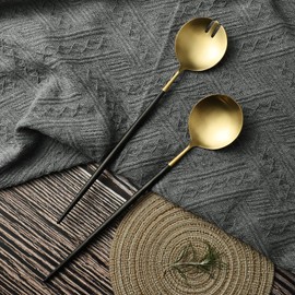 Zerophilo Salad Servers,Spoon and Fork Set 11.41 inch,18/10 Stainless Steel Salad Serving Titanium Plating (black gold)