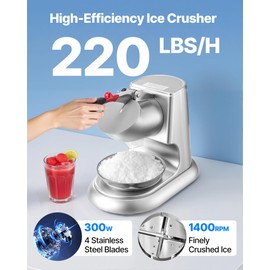 VEVOR Ice Crusher Machine, 220lbs Per Hour Electric 4 Blades Snow Cone Maker, Stainless Steel Shaved Ice Machine with Bowl and Cover, 300W 2000RPM Ice-Shaver for Home and Commercial Use, Silver