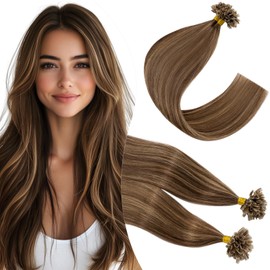 Elailite U-Tip Real Hair Bonding Extensions, Keratin Hair Extensions for Girls, 100 Strands, 40 cm, 50 g, #4P27 Medium Brown/Honey Blonde