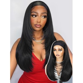WIGNEE Long Straight Headband Wig Layered Half Wigs For Black Women 24 Inch Black Wig Synthetic Hair Put On and Go Glueless Heat Resistant Fiber For Daily Use&Quick Styling, Beginner Friendly