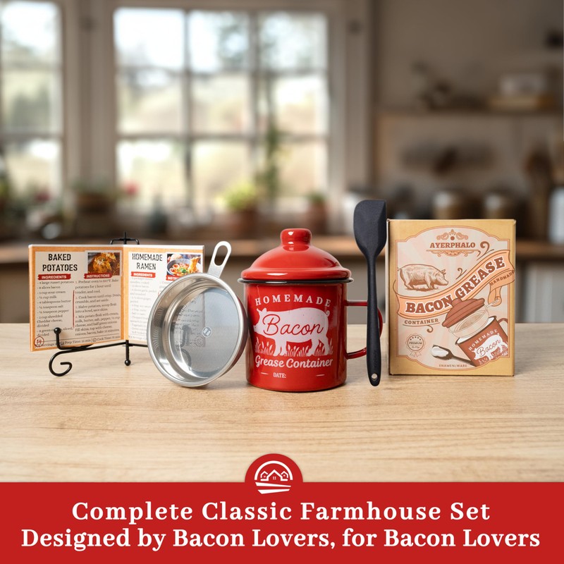 Bacon Grease Container with Strainer - With Food-Grade Silicone Spatula,