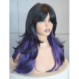 Layeredwigs with bangs highlights wigs layered wig 28inches synthetic wig Highlight for white women (Black purple)