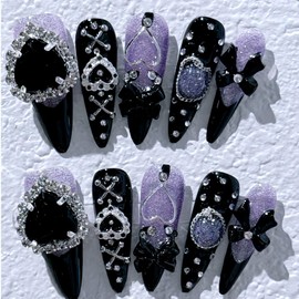 Liberte555 Nail Tips Purple Long False Nails Gal Korean Cute Minefield Handmade Purple Simple Almond (Purple 1, Long)