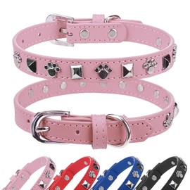 SCENEREAL Leather Dog Collars for Small Medium Dogs with Rivet, Adjustable Studded Cute Dog Collar for Pet Boy Girl Kitten Cats, Bling Spiked Puppy Collars, Pink S