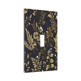 Vintage Black Gold Flowers Boho Floral Plant Light Switch Cover Decorative Single Toggle 1 Gang Wall Plate Board Wallplates For Kitchen Farmhouse Bedroom Bathroom Art Decor
