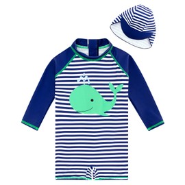uideazone Striped Bathing Suit for Baby Boys 12-18 Months Long Sleeve Zipper Rashguard Whale One Piece Whale Swimwear with Sun Hat