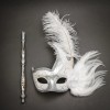 ILOVEMASKS Half Moon Side Feather with Stick White Masquerade Ball