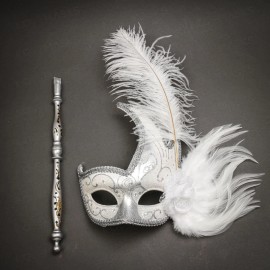 ILOVEMASKS Half Moon Side Feather with Stick White Masquerade Ball Party Mask