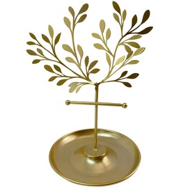 NewFerU Gold Metal Jewelry Tree, Small Necklace Hanging Display Stand, Table Top Bracelet Rack Holder, Earring Hanger Organizer Tower with Ring Watch Dish Tray for Women Girls (1 Piece)