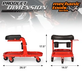 M-AUTO Garage Roller Seat Heavy Duty Rolling Shop Mechanic Creeper/Shop Stool with Tool Tray and Equipment Rack, 300LBS Capacity Creeper Seat with 5 Rollers for Detailing Car, Red