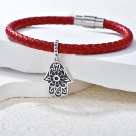 SLIACETE Red Hamsa Hand Bracelet for Women 925 Sterling Silver Protection Bracelet Hamsa Charm on Red Leather Evil Eye Bracelet Birthday Anniversary Friendship Gift 7.5 Inch