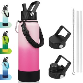 BJPKPK Insulated Water Bottle with Straw Lid, 40oz Large Thermal Flasks with 3 Lids, Paracord Handle & Non-slip Boot, BPA Free Leak Proof Stainless Steel Metal Water Bottles, Tumblers, Cups,Cherry