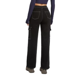 Aodrusa Black Cargo Pants Women High Waisted Stretch Straight Leg with Pockets Trendy Trousers XS