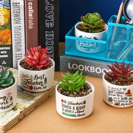 Rtteri 9 Pcs Teacher Appreciation Gifts Ceramic Succulent Plant Pot Thank You Gifts for Teachers Cute Planter with Tray Teacher Appreciation Flower Pot for Women Men Teacher Christmas Birthday Gift