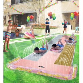 POZA Inflatable Jumbo Triple Slider with 3 Boogie Boards - Luxurious Sparkly Triple Water Slide Toy Ride with Built in Sprinkler Splash, Outdoor Backyard Summer Triple Lane Waterslide Race - 18 Feet