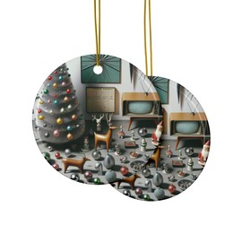 DistinctInk Hanging Ceramic Christmas Tree Ornament with Gold String - Great Gift/Present - 2 3/4 inch Diameter - Vintage Mid-Century Yuletide