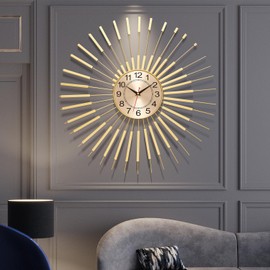PSYCHE GOD Wall Clock Large 23 Inch - Starburst Sunburst Round Gold, Modern Non-Ticking Battery Operated Silent Decorative Clock for Living Room Bedroom Kitchen Office