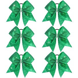 OAOLEER 6PCS Glitter Cheer Hair Bows for Cheerleading, Shiny Rhinestones Large Jumbo Cheer Bow with Ponytail Holder for Teen Girls Cheerleader (Green)