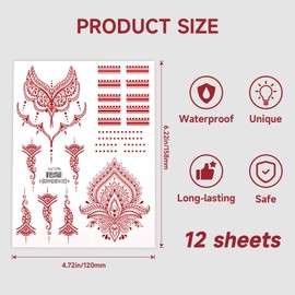 HZHSGLY 12 Sheets Temporary Tattoos, Temporary Tattoos for Women, Indian Red Tattoo Stickers, Waterproof Fake Tattoos for Neck Chest Arms Legs