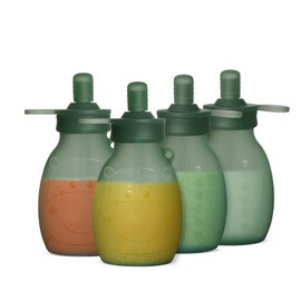 haakaa Silicone Hippo Pouch –9oz/260ml Reusable Pouches for Toddlers, Reusable Baby Food Pouches with Wide Neck for Easy Fill & Clean, Perfect for Purees & Smoothies, 4 Pack, (Pea Green)