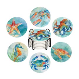 Aowced Coastal Drink Absorbent Coasters with Holder Set of 6, Ceramic Stone with Cork Base, Nautiacl Watercolor Sea Ocean Life Coaster for Drinks, Gift for Housewarming Room Bar Home Decor Kitchen