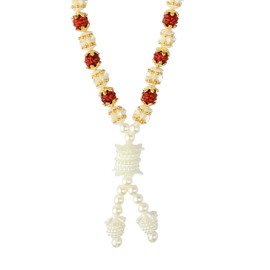 Set of 2 Mala Artificial Beaded Pearl Moti Mala Ribbon Mala for Idol-Mala for God Statues Accessories Pooja Sringar Articles Ornament for Traditional Diwali Festival(Size:-8")(White&Red) (Rudraksha)