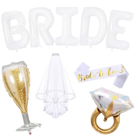 40 inch Bride Balloons White Letters Banner, Bachelorette Party Decorations Kit Include Large Ring Glass Foil Balloons, Bride To Be Sash and Veil for Bridal Shower Decorations