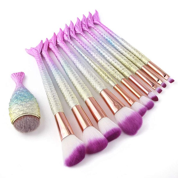 Mermaid Makeup Brushes, 11pcs Professional Blending Blush Concealer Synthetic Fiber Bristles Brush Special Cosmetic Brushes Kits for Women(purple)