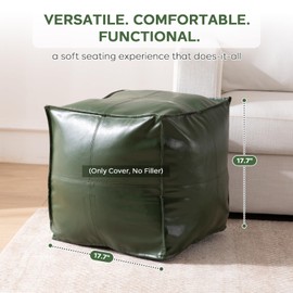 Unstuffed Pouf Cover (Only Cover, No Filler), 17.7" Faux Leather Poofy Ottoman Cover, Square Footstool For Storage Living Room Decoration Foot Rest, Footrest for Bedroom Balcony Office Chair, Green