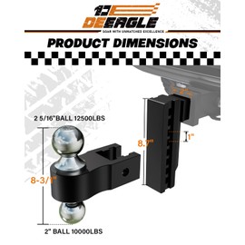 Adjustable Trailer Hitch, Fits 2 inch Receiver, 6 inch Drop/Rise Aluminum Drop Hitch, 12500LBS GTW, 2” & 2-5/16” Dual Ball, Ball Mount for Truck with Anti-Theft Hitch Locks, Hitch Tightener,Black