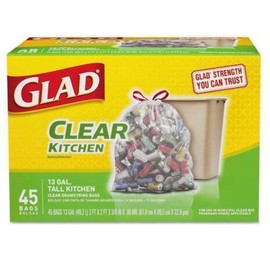 Recycling Tall Kitchen Drawstring Trash Bags, 13 gal, 0.9 mil, 24" x 27.38", Clear, 45/Box