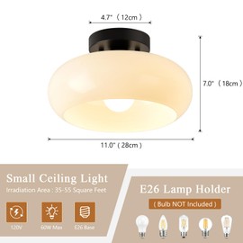 Mid-Century Modern Black Semi Flush Mount Ceiling Light,White Glass Dome Hallway Lighting Fixtures,Metal Close to Ceiling Lamp for Entryway Bathroom Kitchen Bedroom Porch Foyer Office (11 Inch)