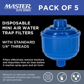 Master Elite Pack of 5 Disposable Mini Air Water Trap Filters with Standard 1/4" Threads - Effectively Removes Moisture Before it Reaches Spray Guns and Air Tools