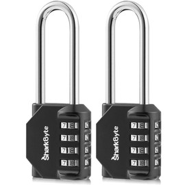 SharkByte Combination Long Padlock [2.6" Long Shackle] 4 Dial Heavy Duty Combination Lock, Weatherproof Long Padlock for Gym, School, Locker, Outdoor Shed, Garage, Fence, Hasp, Toolbox (2 Pack)